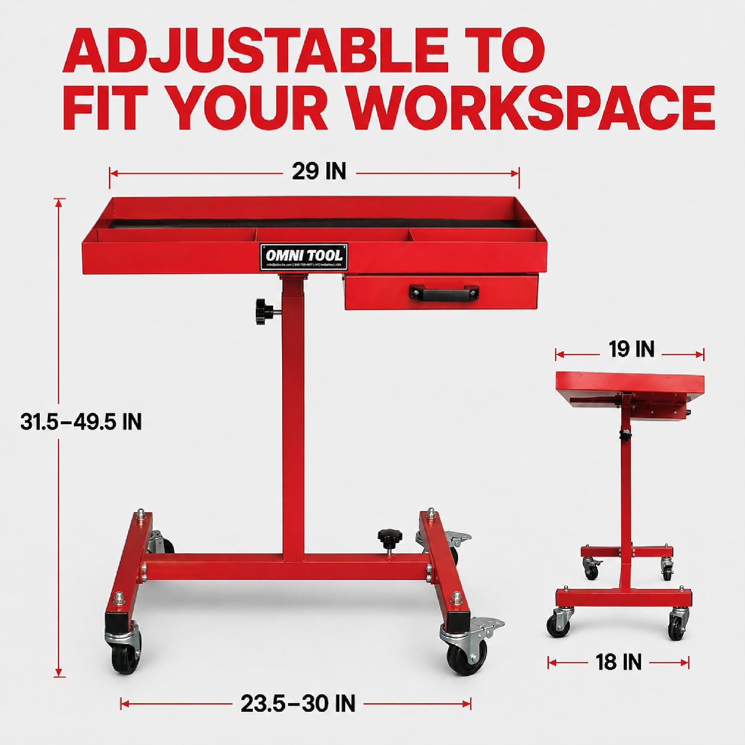 Rolling Work Table with Drawer, Adjustable Height & Width Mobile Tool Tray, 220 lb Capacity Steel Mechanic Cart with 4 Swivel Casters for Garage, Shop & Automotive Repair, Red [39102]