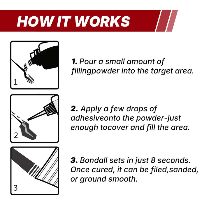 BONDALL Instant Bonding Adhesive Repair Kit, 4PC Set with (2) Super Glue Bottles, Plastic & Metal Reinforcing Powders (Black & Grey), Strong Waterproof Adhesive. (BONDALL - 1 Pack)