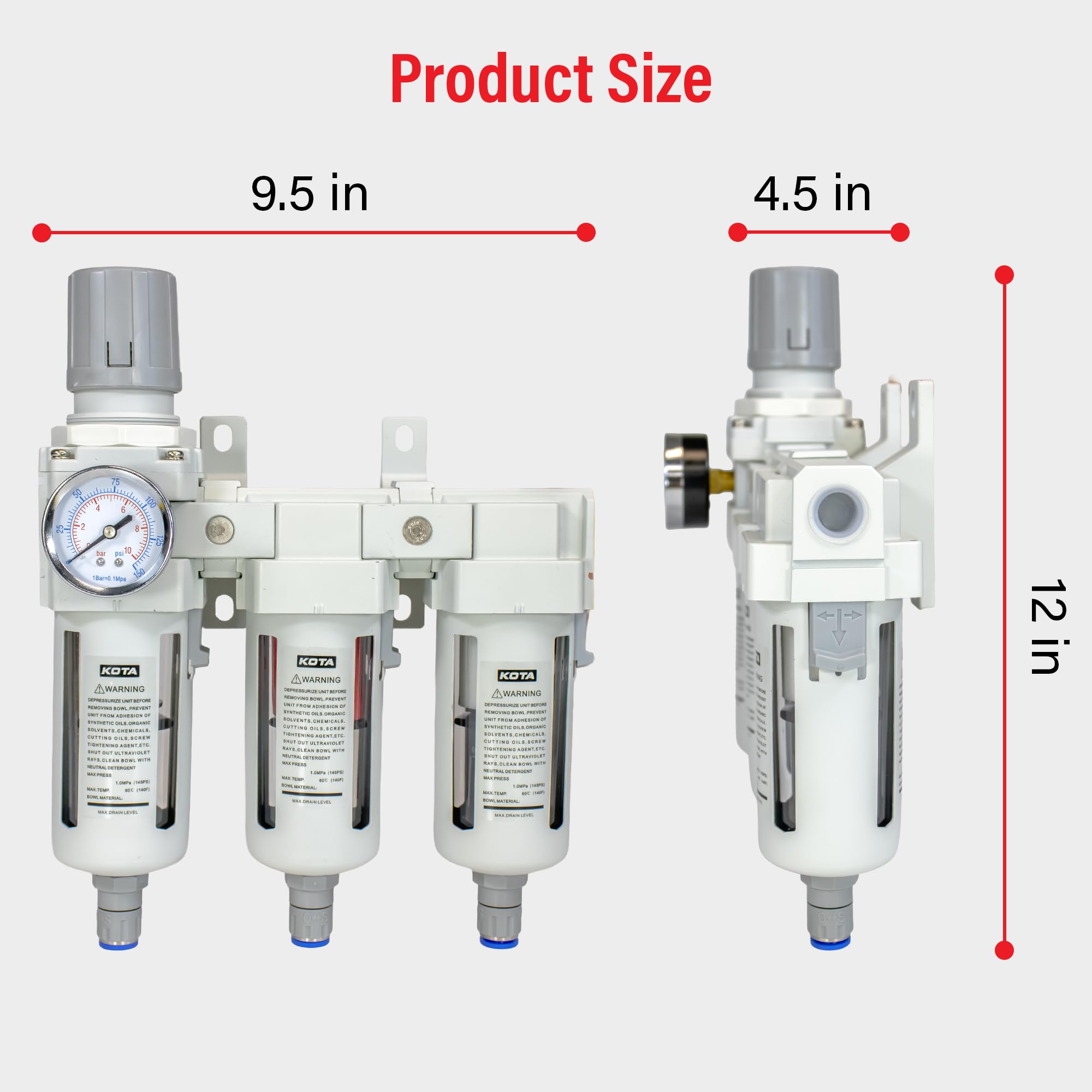 Heavy Duty 1/2" NPT 3 Stage Air Drying System – Industrial Coalescing Filter, Particulate Filter, Desiccant Dryer and Air Regulator with Manual Drain for Air Compressor, Plasma Cutter, Paint