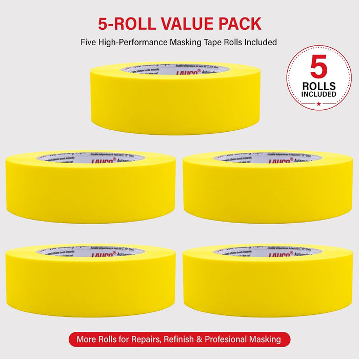 Automotive Masking Tape Yellow Painters Tape for Car Painting, High Temperature Resistant Refinishing Tape, Clean Removal No Residue, Professional Auto Body Shop Masking Tape Bulk (2in-5rolls) 37533