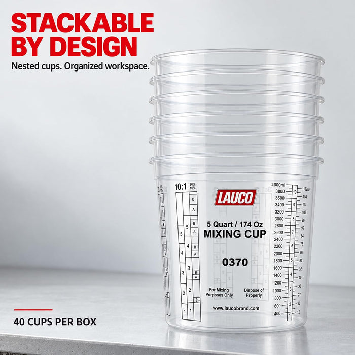Box of 40 - Paint & Epoxy Mixing Cups Buckets - 174 Ounce (5-Quart) - Calibrated Mixing ratios on Side - Solvent Resistant, Reusable Clear Plastic Cups for Paint, Epoxy, Resin, Oil, Thinner (40) 0370