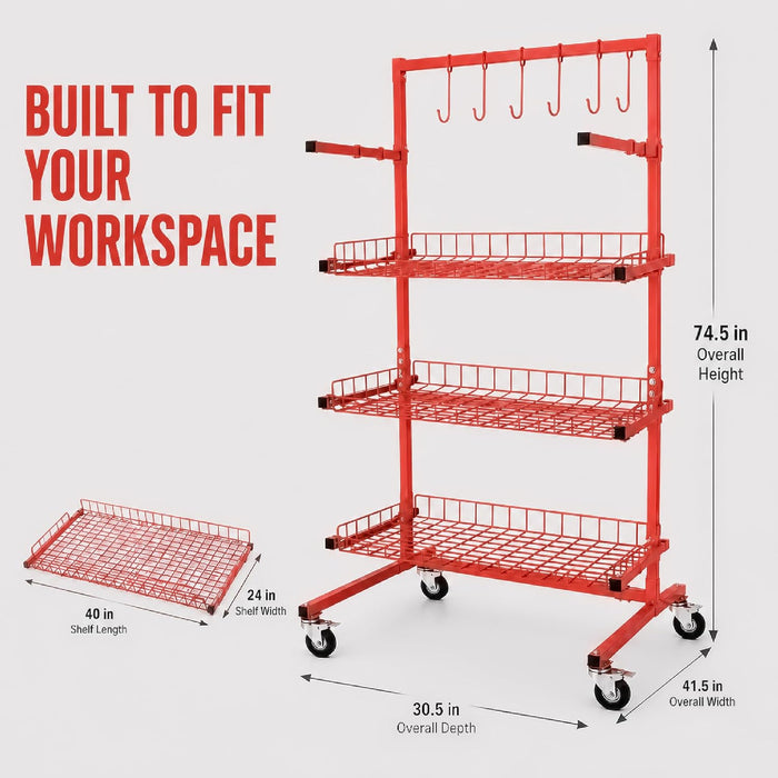LAUCO B Series 3Shelf Auto Parts Storage Cart & Rack Stand for Garage, Workshop, Mechanic Shop, Heavy Duty Steel Construction, High Capacity, Space-Saving Organizer, Mobile & Stationary Use 07755