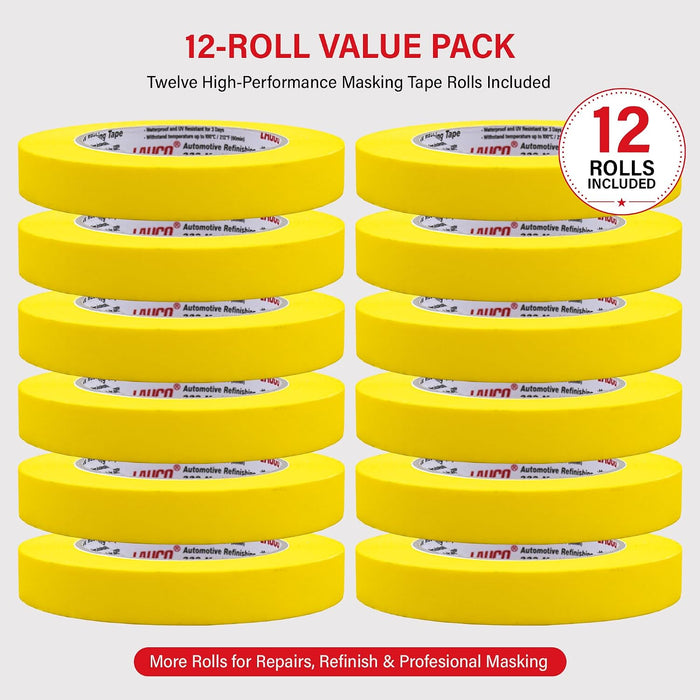 Automotive Masking Tape Yellow Painters Tape for Car Painting, High Temperature Resistant Refinishing Tape, Clean Removal No Residue, Professional Auto Body Shop Masking Tape Bulk (0.75in-12rolls)