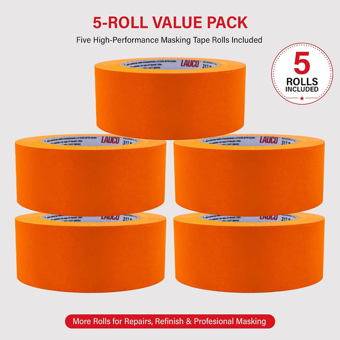 LAUCO Orange Masking Tape 2 in x 60 Yd, 5 Rolls, Automotive Painting, High Adhesion Autobody Painters Tape, UV, Moisture & Heat Resistant, No Residue, Multi-Purpose for Collision Repair 19542