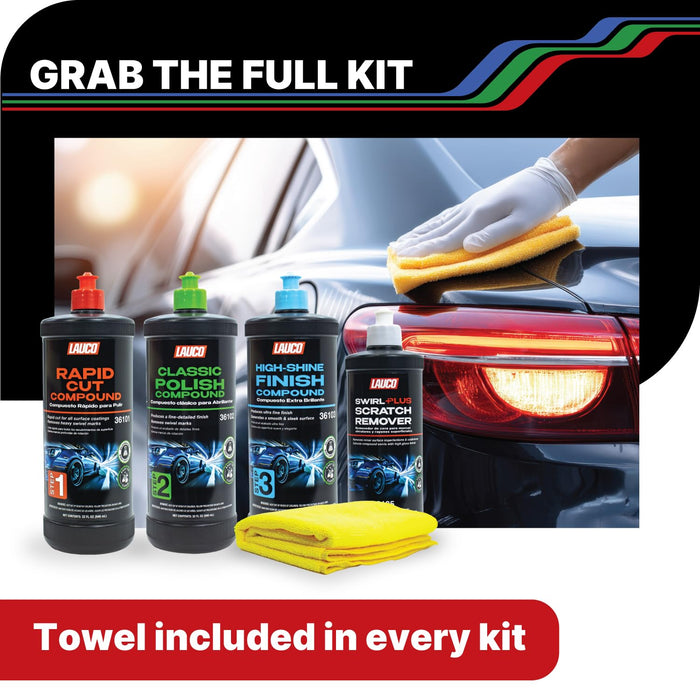 LAUCO 3-Step Kit – Steps 1 2 3 – 32oz, + Swirl Remover – 8oz, with a Towel, Professional Silicone-Free Cutting, Polishing & Finishing Compounds for Scratch Removal, Clear Coat Safe High-Gloss Finish