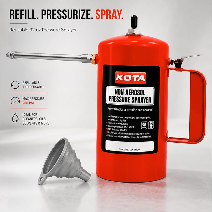 LAUCO Non Aerosol Pressure Sprayer - Refillable Pressurized Sprayer Bottle for Oil, Solvent, Degreasers, Lubricants - Rechargeable Steel Canister with Brass Nozzles, 32oz 69532