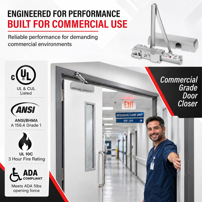 Commercial Door Closer Size 1-6, Heavy Duty Cast Iron Automatic Door Closer, Grade 1 ANSI/BHMA, UL Listed 3 Hour Fire Rating, Adjustable Speed, Reversible, 24-60 Inch Doors, 62801