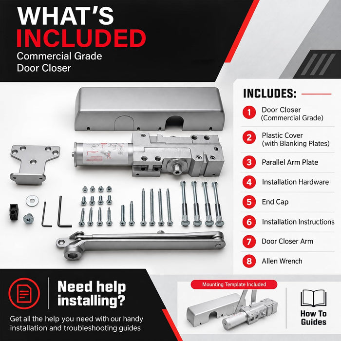 Commercial Door Closer Size 1-6, Heavy Duty Cast Iron Automatic Door Closer, Grade 1 ANSI/BHMA, UL Listed 3 Hour Fire Rating, Adjustable Speed, Reversible, 24-60 Inch Doors, 62801