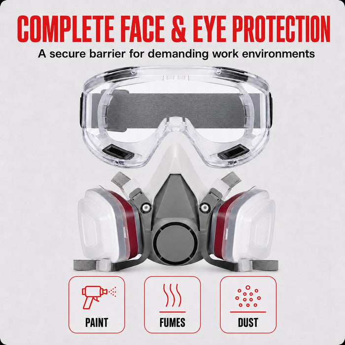 LAUCO Premium Respirator Kit - Reusable Half Face Cover Set with Safety Glasses for Gas, Painting, Machine Polishing, Staining, Car Spraying, Sanding & Cutting, DIY and Other Work Protection