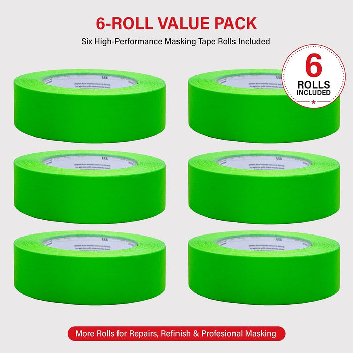 LAUCO DINOGREN Masking Green Tape 1.5 Inch x 60 Yards, 6 Rolls, Green High Performance Painters Tape, Heat, UV and Water Resistant Tape for Car Painting and Auto Body Refinishing 7766