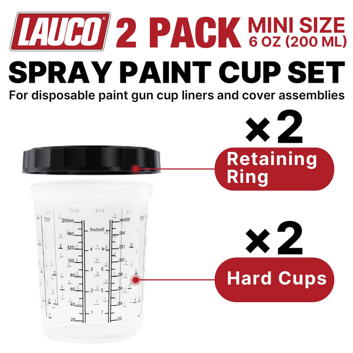 LAUCO 2 Pack Paint Spray Gun Hard Cup Set, 200ML (6.8 Oz) Reusable Mixing Cups with Retainer Rings, Compatible with Disposable Paint Cup Liner and Lid Systems for Automotive Paint, Primer, Clear Coat