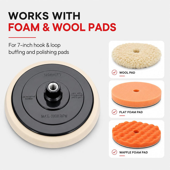 7" Polishing Buffing Hook and Loop Backing Pad - Universal Polisher Buffer Backing Plate Pad - Attach Foam Wool Buff Pads - Rotary Polisher Backup Pad - Automotive, Car Detailing PBP0008