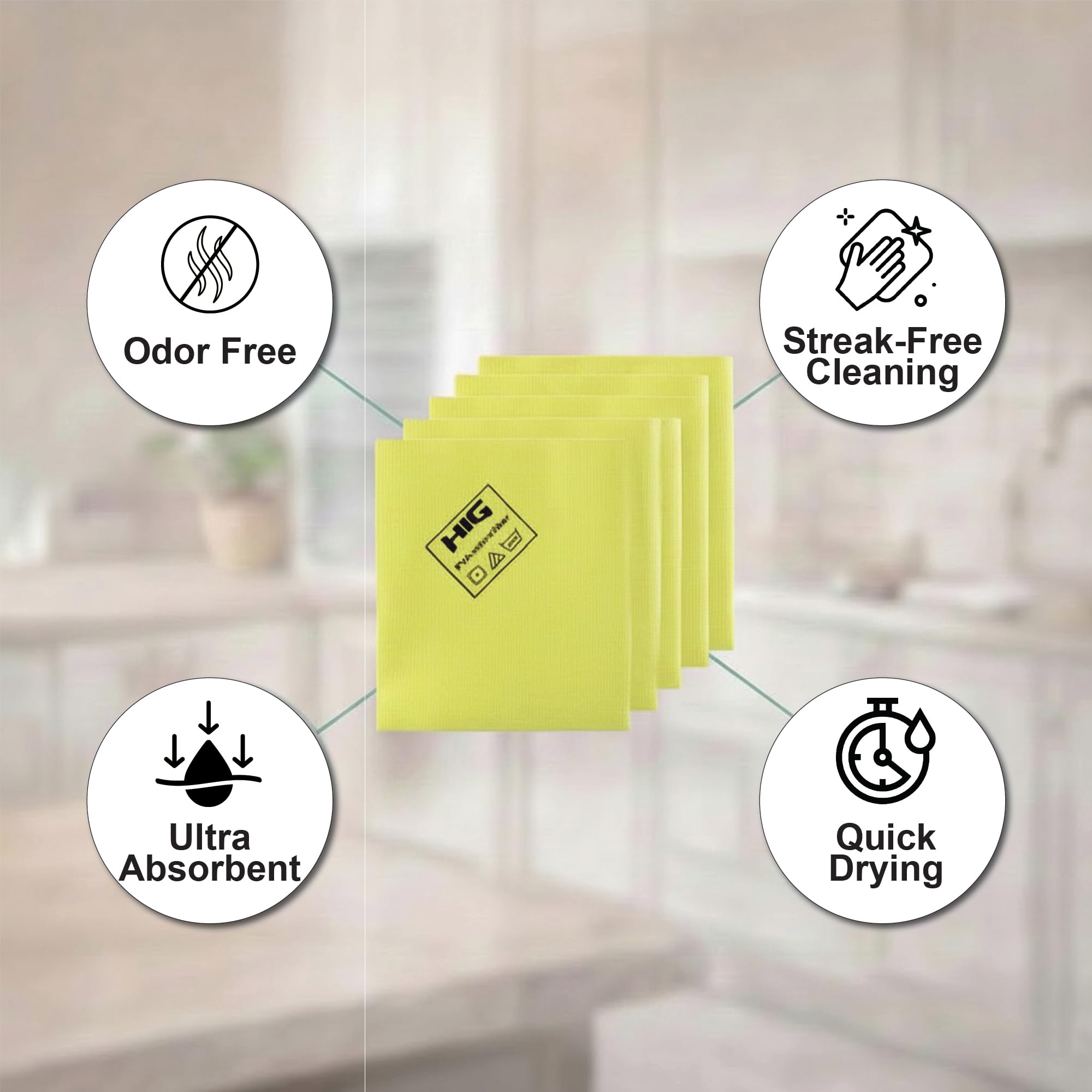 HIG PVA Microfiber Cleaning Towels, Professional Grade Synthetic Chamois Cloths for Streak Free Shine, Ultra Absorbent, Smooth & Reusable All-Purpose Cleaning Rags for Home, Car & Kitchen (5, Yellow)