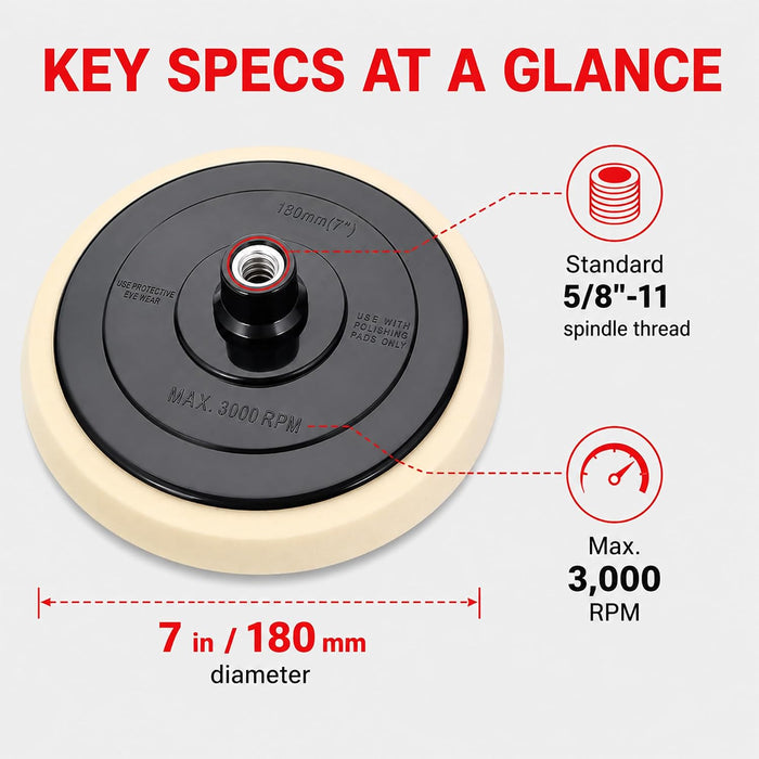 7" Polishing Buffing Hook and Loop Backing Pad - Universal Polisher Buffer Backing Plate Pad - Attach Foam Wool Buff Pads - Rotary Polisher Backup Pad - Automotive, Car Detailing PBP0008