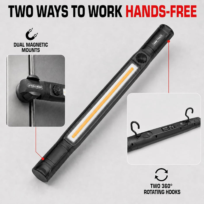 Omni Tools 1200+ Lumen Rechargeable Underhood Work Light Magnetic Mount, Adjustable Brightness, 360° Rotating Hooks, USB-C Charging Ideal for Mechanics, Garage, and Emergency Use 33118