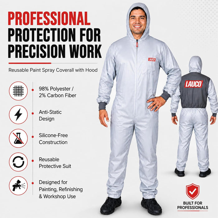 Reusable Paint Suit Spray Coverall with Hood, X-Large, Anti-Static Silicone-Free Protective, 98% Polyester 2% Carbon Fiber