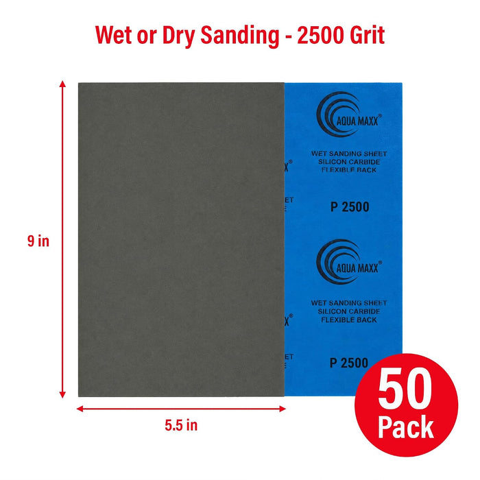 Aqua Maxx Wet Dry Sandpaper Sheets 2500 Grit, 50 Pack Waterproof Silicon Carbide Abrasive Paper, 9 x 5.5 Inch Ultra Fine Finishing Sanding Sheets for Automotive Paint, Polishing, Woodworking, Metal