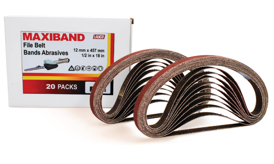 LAUCO MAXIBAND 1/2 in x 18 INCH File Belt Bands Abrasives - 40 GRIT - Aluminum Oxide Sanding Belt, Sander Belts for Air File Belt Sander, Woodworking, Metal Polishing - Pack of 20 31733
