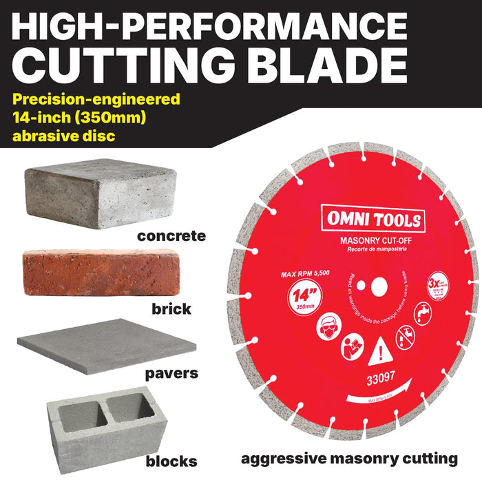 Omni Tools 14 Inch Diamond Saw Blade Concrete Cutting Blade for Masonry, Brick, Block, Stone 350mm Segmented Cut-Off Disc for Circular Saw Heavy Duty Abrasive Wheel Dry Wet Use 5500 RPM [33097]