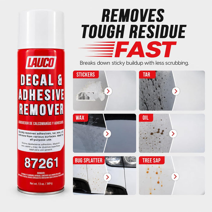 LAUCO Decal & Adhesive Remover, 13 oz Aerosol Spray – Removes Stickers, Tar, Wax, Oil, Bugs, Sap – Safe on Cured Paint, Vinyl & Fabrics, Single & Multi-Pack Option Pack of 2