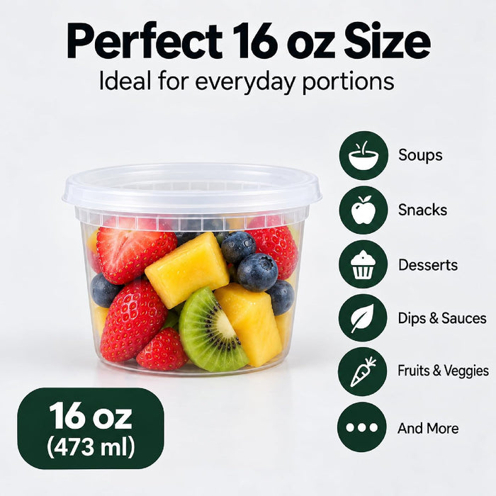 Uni-Pak 16 oz Plastic Deli Food Storage Containers with Lids, 50 Set, BPA-Free Meal Prep Containers, Leak-Resistant, Stackable, Microwave, Freezer & Dishwasher Safe for Soup, Snacks & Leftovers 62812