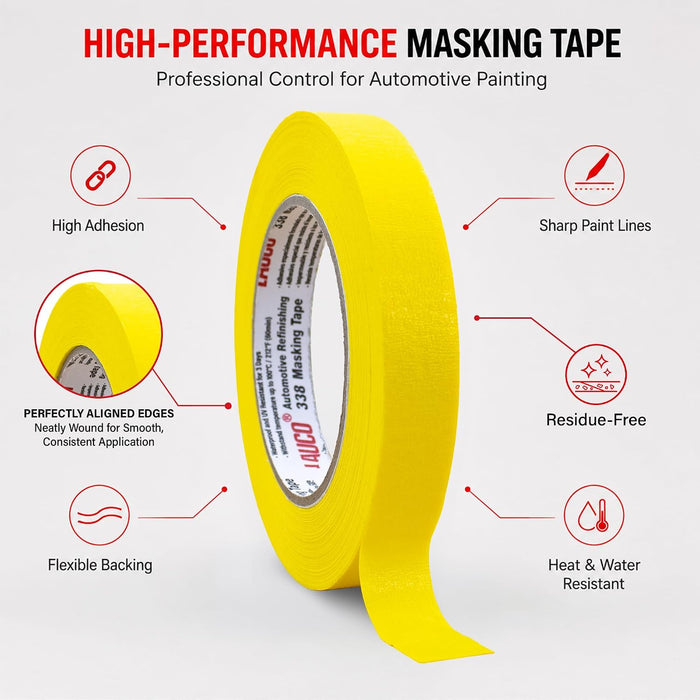 Automotive Masking Tape Yellow Painters Tape for Car Painting, High Temperature Resistant Refinishing Tape, Clean Removal No Residue, Professional Auto Body Shop Masking Tape Bulk (1.4in-6rolls) 37532