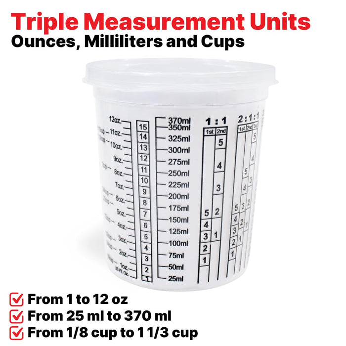 Pack of 100 Cups and 12 Lids Paint & Epoxy Mixing Cups - 32oz, Calibrated Mixing ratios on Side - Solvent Resistant, Reusable Clear Plastic Cups for Paint, Epoxy, Resin, Oil, Thinner