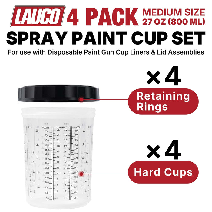 LAUCO 4 Pack Paint Spray Gun Hard Cup Set, 800ML (27 Oz) Reusable Mixing Cups with Retainer Rings, Compatible with Disposable Paint Cup Liner and Lid Systems for Automotive Paint, Primer, Clear Coat