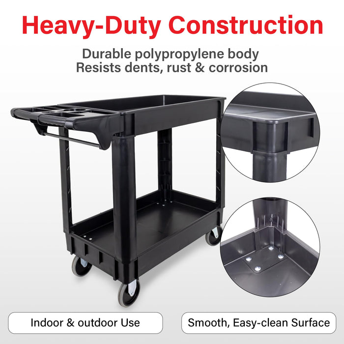 Lauco Heavy Duty Polypropylene Utility Cart - ﻿30" x 16" x 33"- Industrial Cart with Full Swivel Wheels Safely Holds up to 550 lbs - Multipurpose 2 Tier Service Cart for Warehouse, Garage, Cleaning