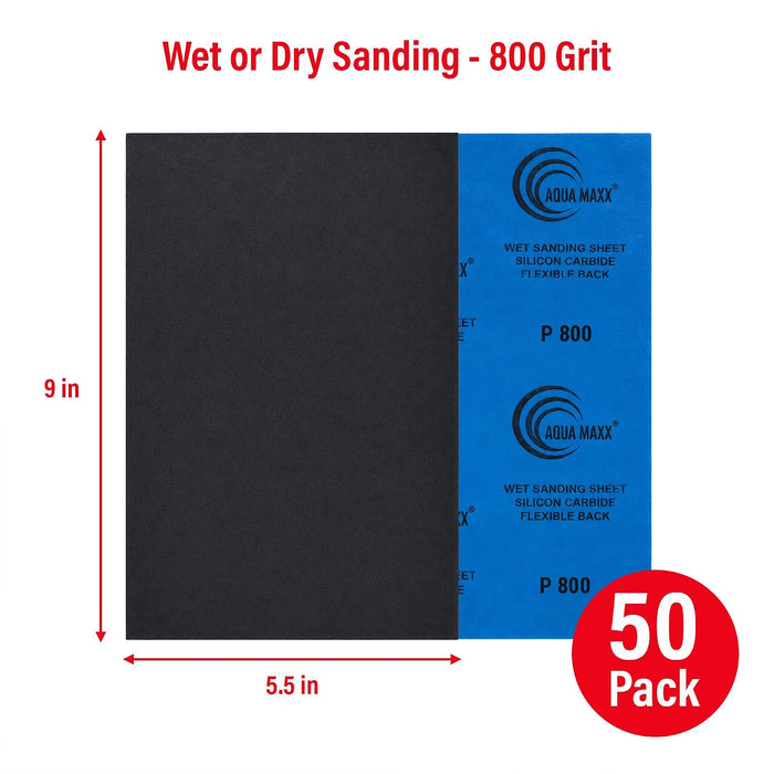 Aqua Maxx Wet Dry Sandpaper Sheets 800 Grit, 50 Pack Waterproof Silicon Carbide Abrasive Paper, 9 x 5.5 Inch Fine Sanding Sheets for Automotive Paint Preparation, Detailing, Woodworking, Metal 25932