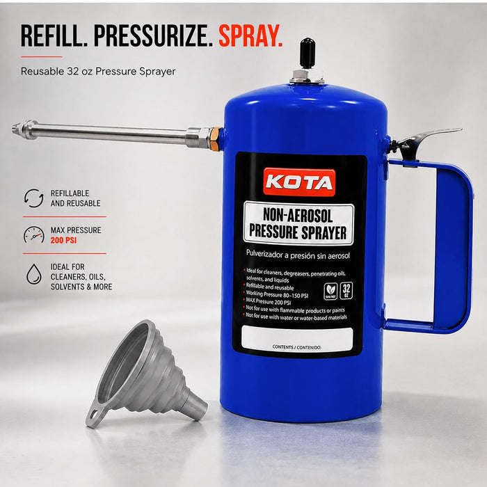 LAUCO Non Aerosol Pressure Sprayer with Funnel and Extension, Refillable Pressurized Sprayer Bottle for Oil, Solvent, Degreasers, Lubricants - Rechargeable Steel Canister and Brass Nozzles, 32oz 69532