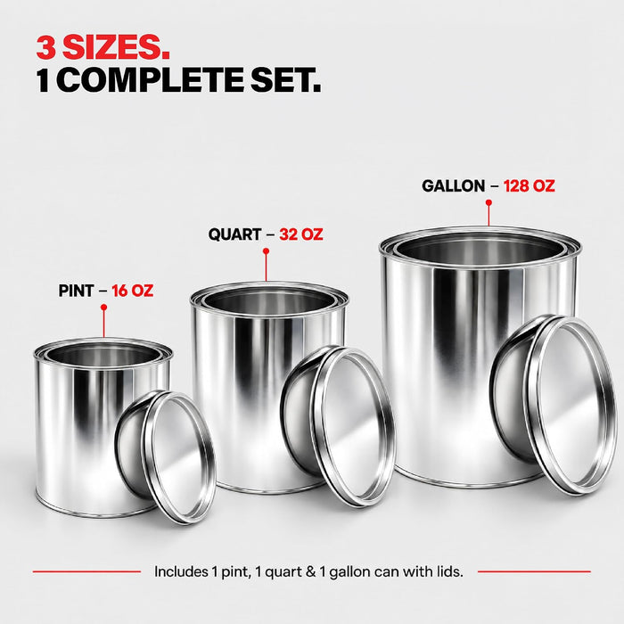 Lauco 3-Pack Metal Paint Cans with Lids, 1 Gallon + 1 Quart + 1 Pint Unlined Storage Containers – Durable Tinplate Buckets for Paint, Solvents, Craft Supplies & DIY Projects 75894