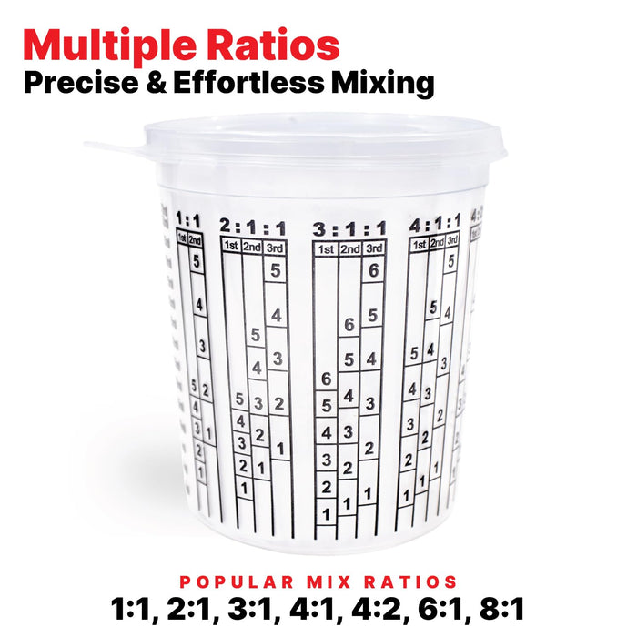 Pack of 100 Cups and 12 Lids Paint & Epoxy Mixing Cups - 32oz, Calibrated Mixing ratios on Side - Solvent Resistant, Reusable Clear Plastic Cups for Paint, Epoxy, Resin, Oil, Thinner
