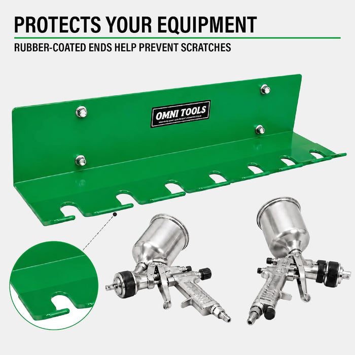 LAUCO Omni Tool Wall Mounted Paint Spray Gun Holder Holds 7 Guns without Cups or 4 with Cups, Heavy Duty Screw Mount Rack, Stable Scratch-Free Design, Green, 1 Pack 37509