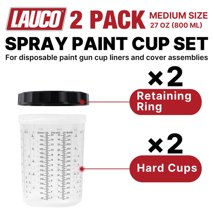 LAUCO 2 Pack Paint Spray Gun Hard Cup Set, 800ML (27 Oz) Reusable Mixing Cups with Retainer Rings, Compatible with Disposable Paint Cup Liner and Lid Systems for Automotive Paint, Primer, Clear Coat