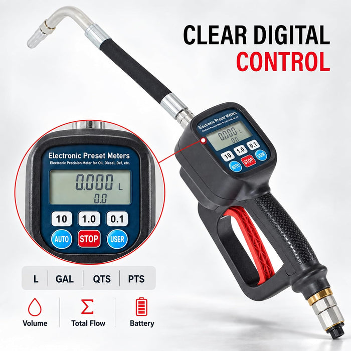 Digital Oil Meter Gun with LCD Display for Lubricants and Diesel, Preset Dispensing Gun with Automatic Shutoff, High Accuracy ±0.5%, Heavy Duty Oil Transfer Meter for Workshop, Garage 75869