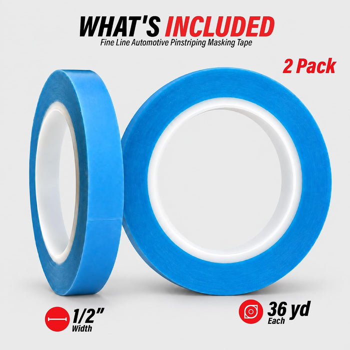 LAUCO Fine Line Automotive Pinstriping Masking Tape – 1/2 Inch Wide, Ultra-Flexible Tape for Curves & Detail (2 Pack, 36 Yard Roll) 74632
