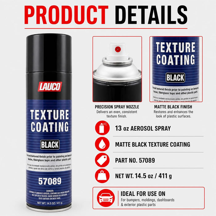 LAUCO Texture Coating Black 14.5oz Aerosol Spray Can - Pack of 2 - For Automotive and Industrial Use 57089