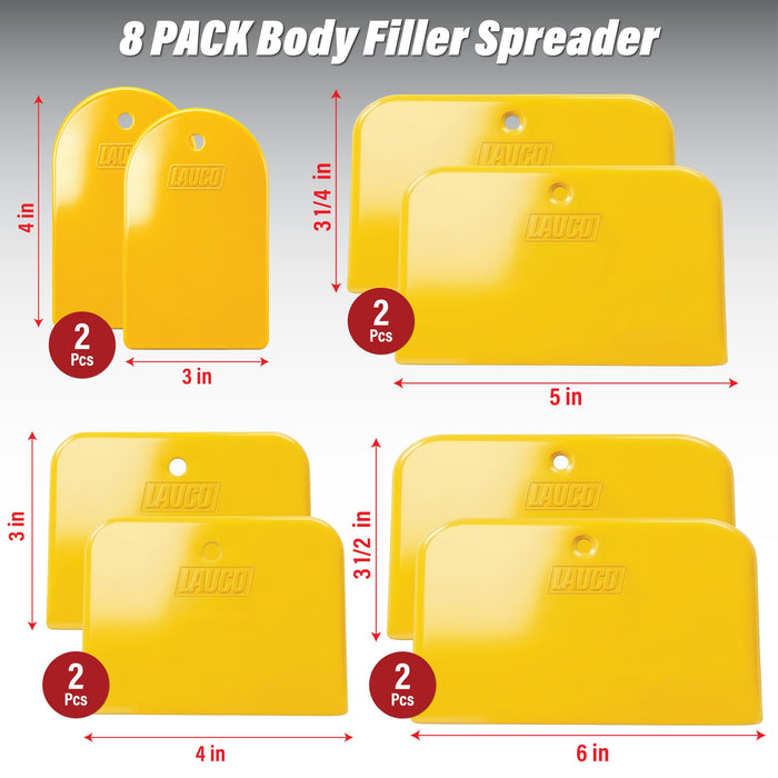 LAUCO Body Filler Spreaders 3,4,5 and 6 Inches, 8 Pack Reusable Plastic Auto Body Spreaders for Automotive Filler, Putty, Glaze, Caulk, Epoxy Resin and Paint