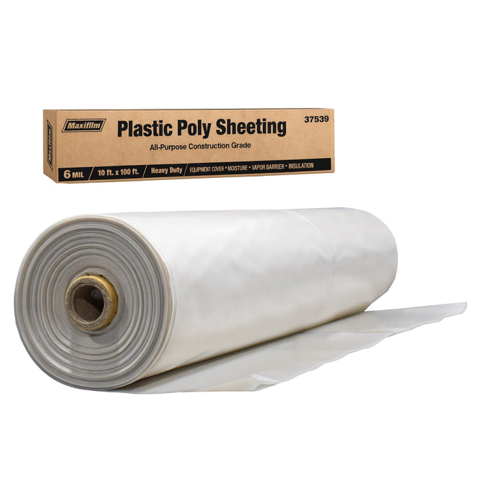 Heavy Duty Construction Plastic Sheeting 10' x 100' Roll – 6 Mil Clear Polyethylene Sheet – Waterproof Vapor Barrier, Dust & Moisture Protection for Painting, Furniture, Carpet & Contractor Use