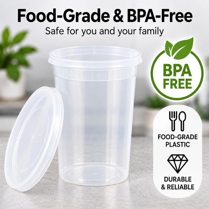 Uni-Pak 32 oz Plastic Deli Food Storage Containers with Lids, 50 Set, BPA-Free Meal Prep Containers, Leak-Resistant, Stackable, Microwave, Freezer & Dishwasher Safe for Soup, Snacks & Leftovers 62813