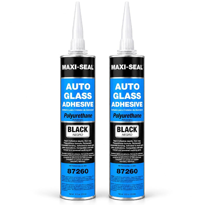 Maxi-Seal Black Polyurethane Windshield Adhesive with Fast Curing Non-sag Formula - 10.5oz Tube + ﻿Applicator Tip﻿ - High Bond Strength Window Sealant - Weather Resistant Auto Glass Adhesive (2 Pack)