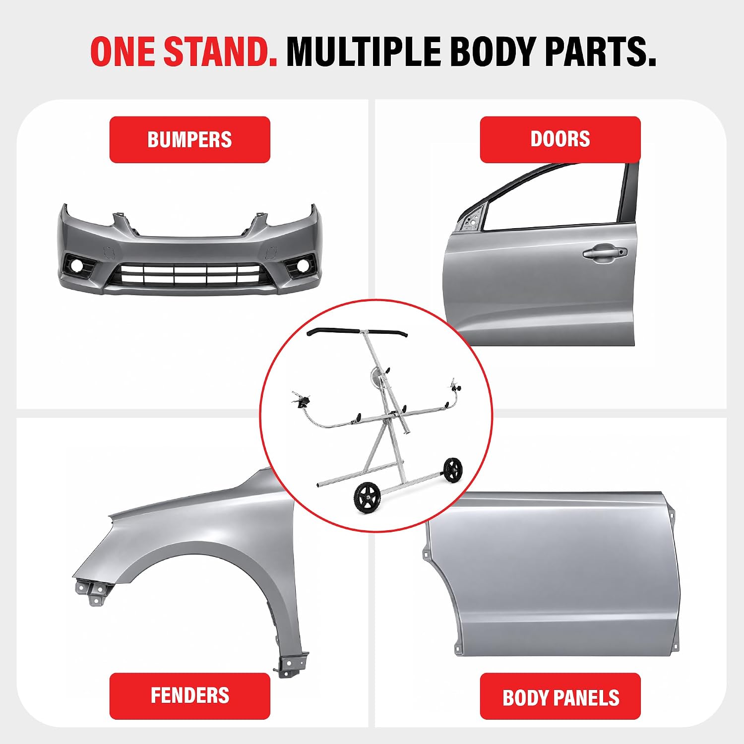 LAUCO Universal Panel and Bumper Stand – Adjustable Car Painting & Repair Stand with Rotating Frame, Foldable 2-Wheel Design, 220 lbs Load Capacity, Galvanized Steel Construction for Auto Body Work 36098