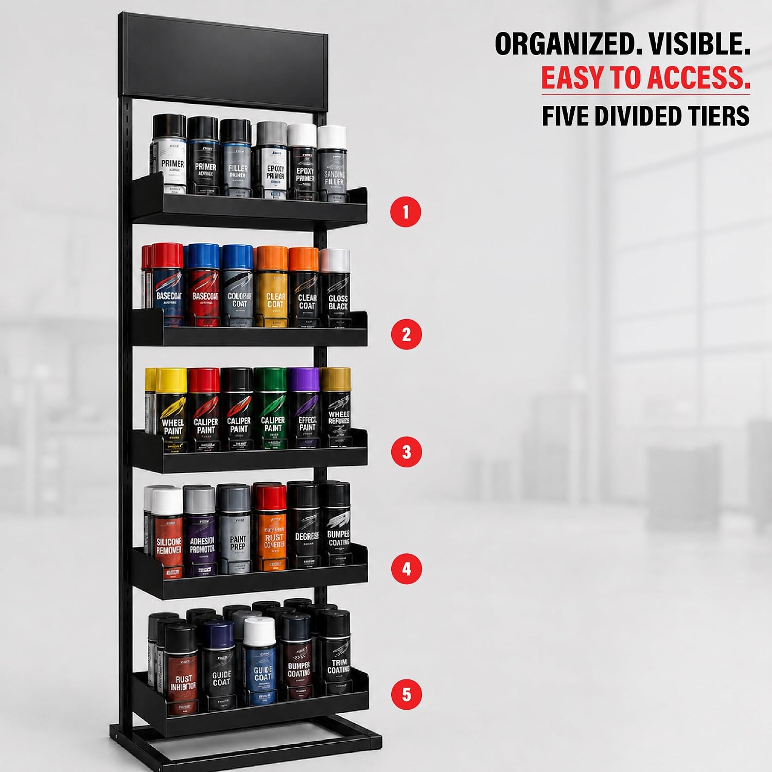 LAUCO Aerosol Rack Assortment Display - Holds up to 150 Aerosol Cans - 5 Tier Spray Paint Can Storage Rack Organizer - 68.8" H x 18.3" L x 18.3" W- 87228