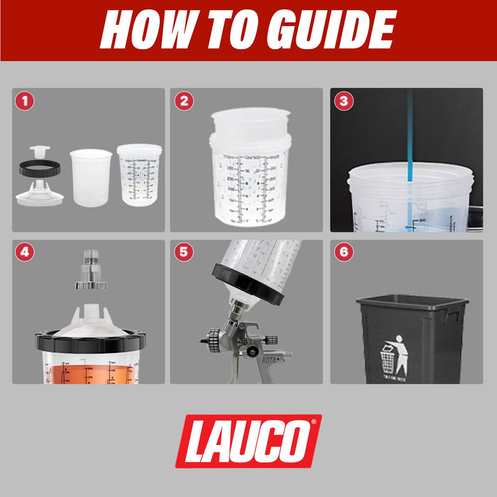 LAUCO Disposable Paint Spray Gun PPS Cups Liners and Lid System 50 Cup Liners, 50 Lids, 1 Hard Cup with Retainer Ring and 20 Plugs - Compatible with Original 1.0 System 600ml | 20oz | 125 Micron