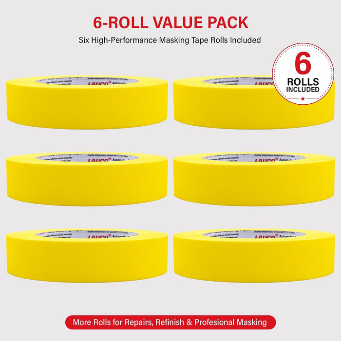 Automotive Masking Tape Yellow Painters Tape for Car Painting, High Temperature Resistant Refinishing Tape, Clean Removal No Residue, Professional Auto Body Shop Masking Tape Bulk (1.4in-6rolls) 37532