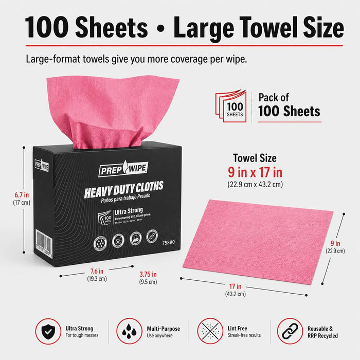 Prep Wipe Lint Free Cleaning Towels, Pink, 9" x 17" Heavy Duty Cleaning Cloths, Lint Free Wipes, Cleaning Cloths for House & Industrial Use, Disposable Cleaning Rags, Pack of 100 Sheets