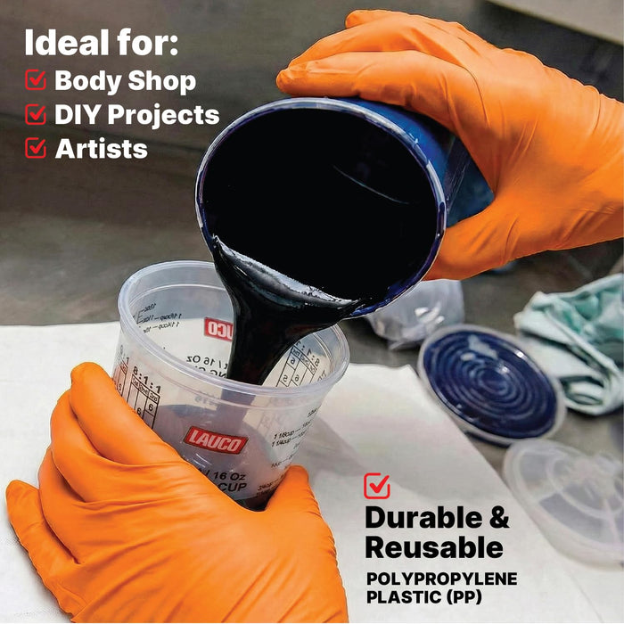 Pack of 100 Cups and 12 Lids Paint & Epoxy Mixing Cups - 16oz, Calibrated Mixing ratios on Side - Solvent Resistant, Reusable Clear Plastic Cups for Paint, Epoxy, Resin, Oil, Thinner