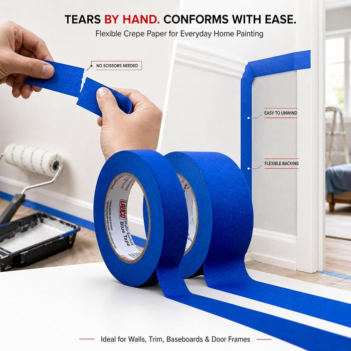 LAUCO Multi-Surface Blue Painter’s Masking Tape, 9 Rolls, Medium Adhesion, UV-Resistant, Clean Removal, 0.94 in x 60 yds (48mm x 55m) Rolls, Ideal for Indoor & Outdoor Painting, Trim, Walls