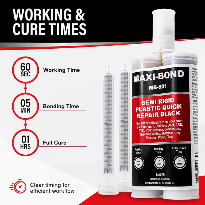 LAUCO Maxi-Bond Semi-Rigid Plastic Quick Repair Adhesive Black – 200ml (MB-801) – Fast-Setting Polyurethane for Automotive Body Plastic Repair 4585